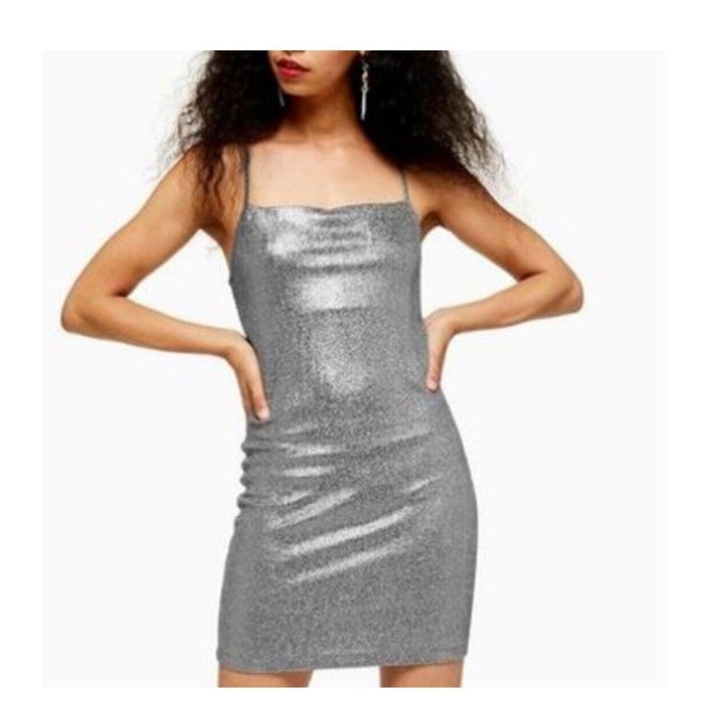 Topshop Mini Dress Women Metallic Silver Spaghetti Strap Size 12 Lined